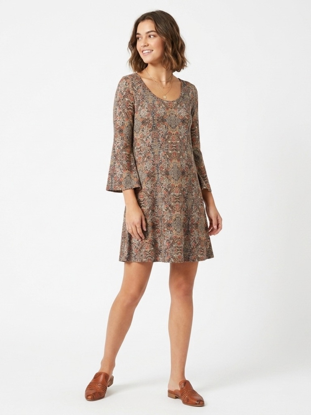 Salaam Swing Dress Bell Sleeve Paisley Medallion Print Earth Tone Small